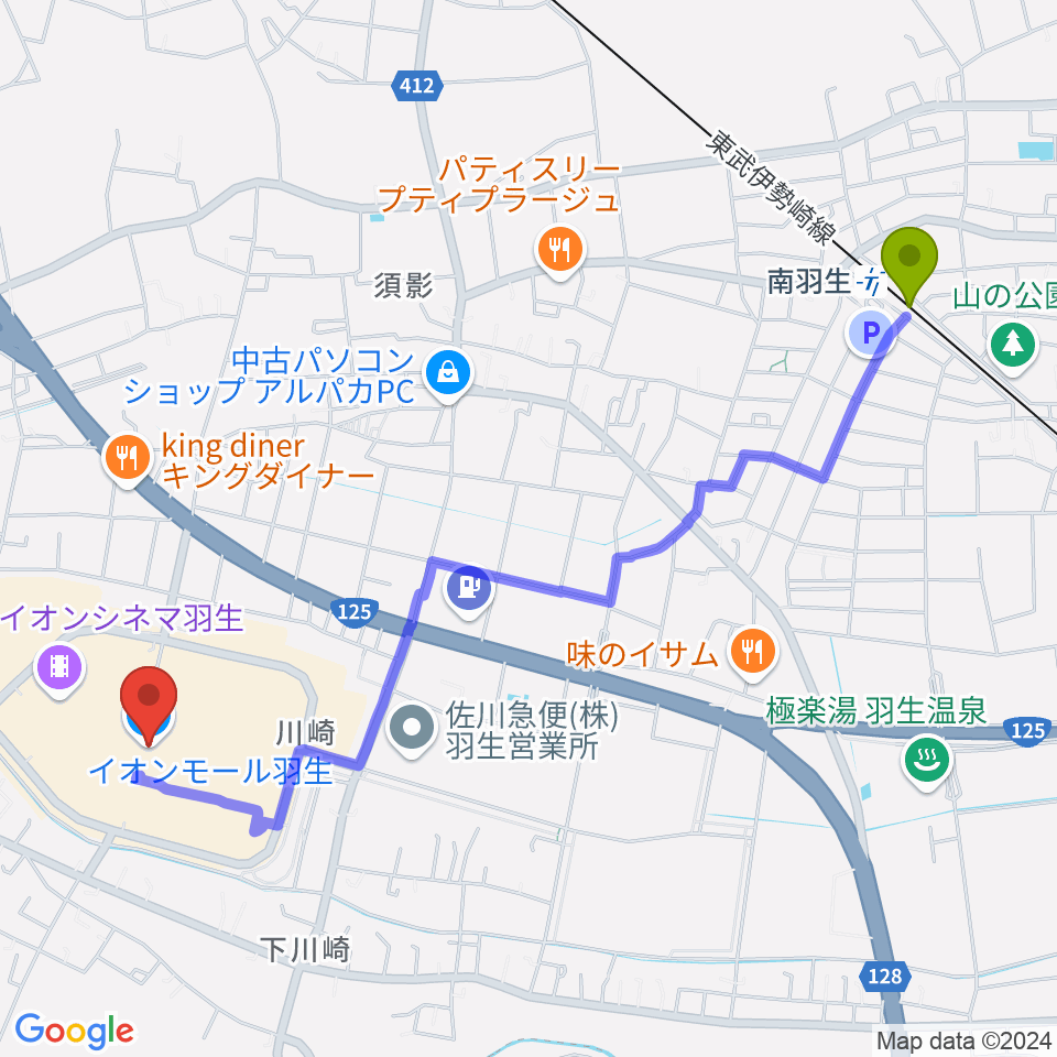 イオンシネマ羽生の最寄駅南羽生駅からの徒歩ルート（約26分）地図