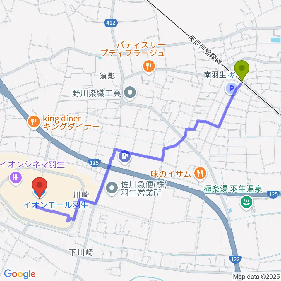 イオンシネマ羽生の最寄駅南羽生駅からの徒歩ルート（約26分）地図