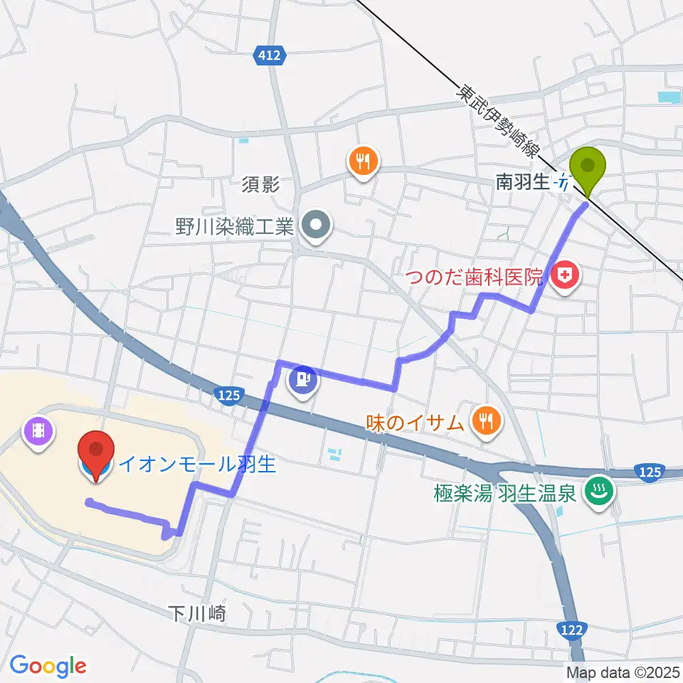 イオンシネマ羽生の最寄駅南羽生駅からの徒歩ルート（約26分）地図