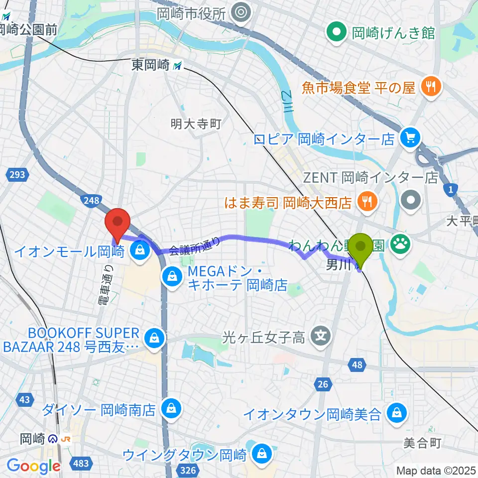 男川駅からイオンシネマ岡崎へのルートマップ地図
