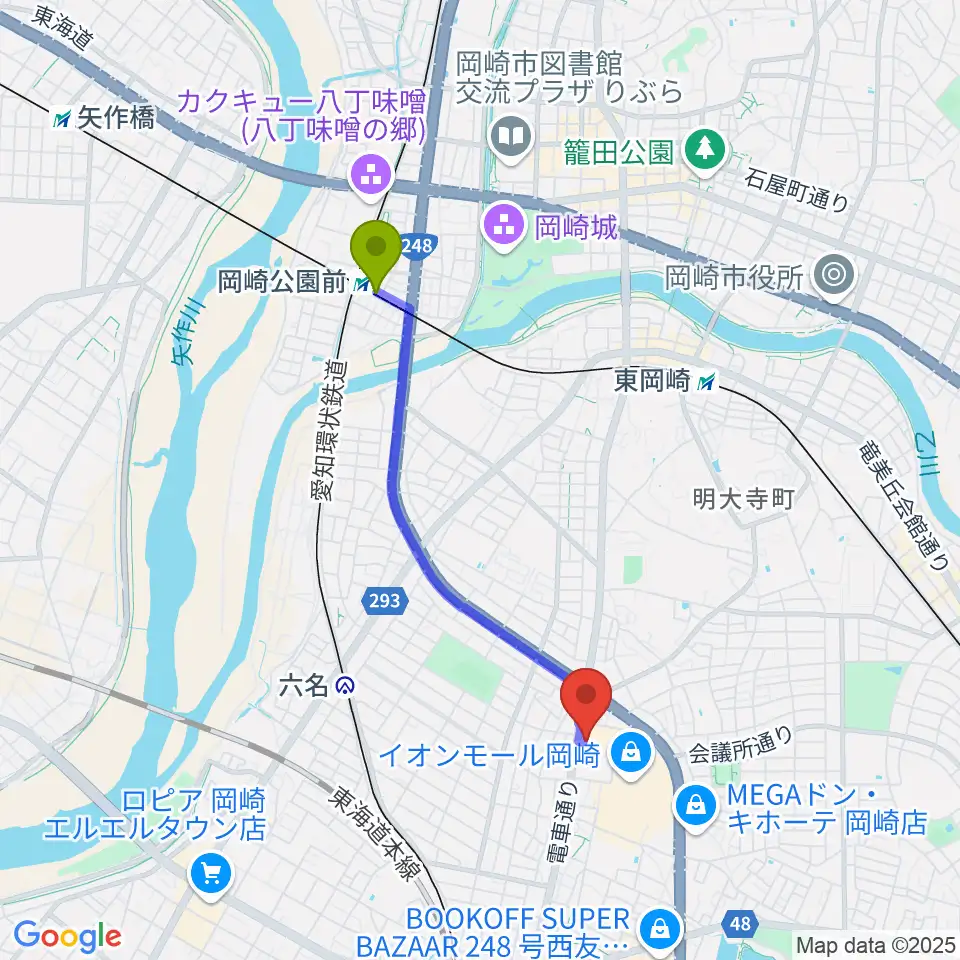岡崎公園前駅からイオンシネマ岡崎へのルートマップ地図