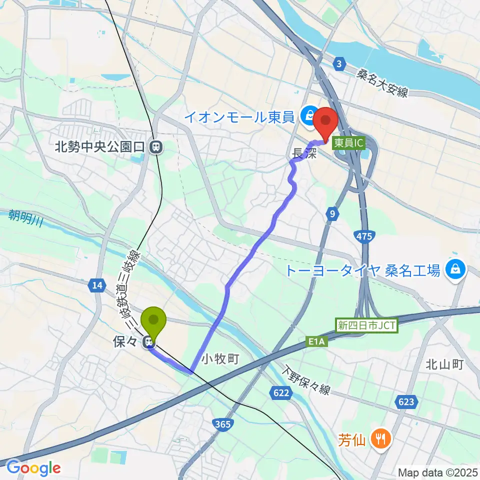 保々駅からイオンシネマ東員へのルートマップ地図