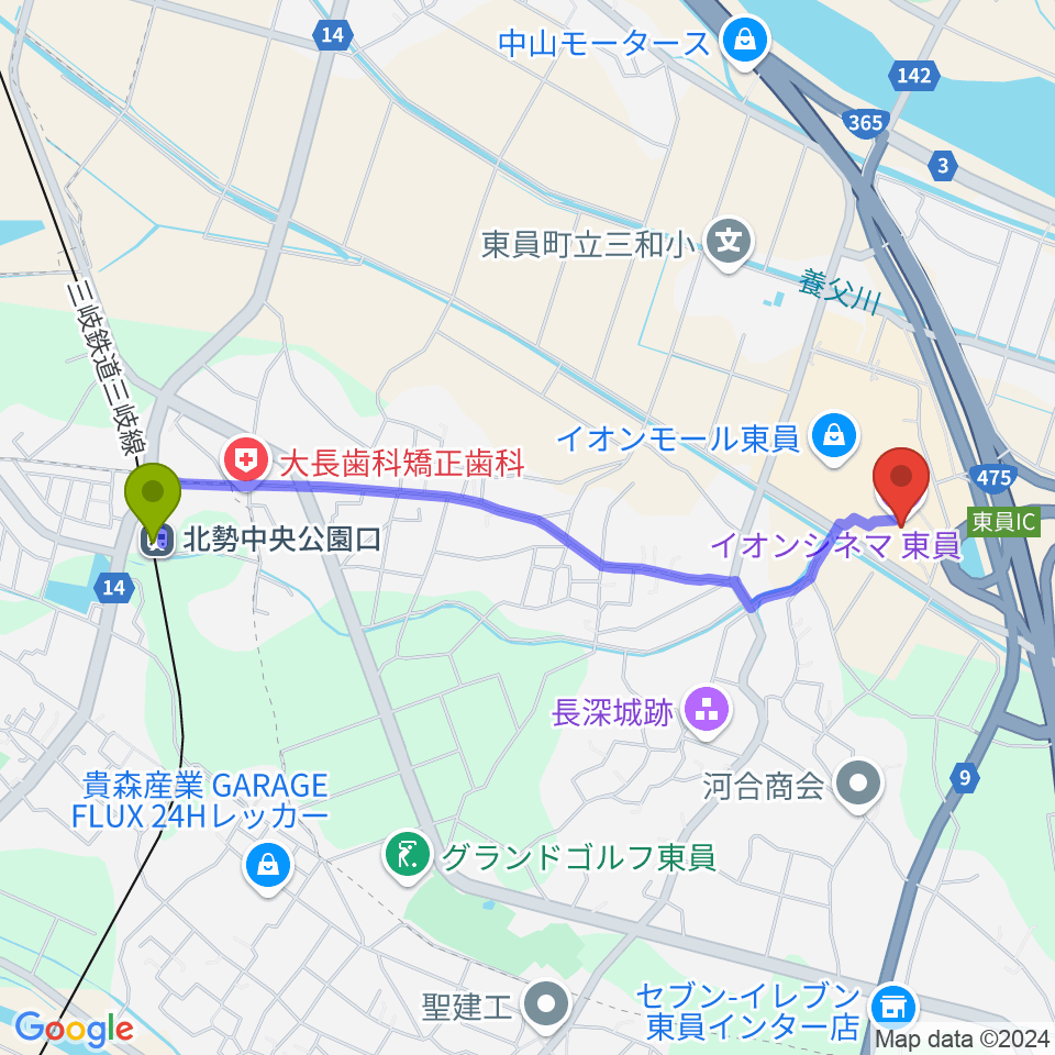 イオンシネマ東員の最寄駅北勢中央公園口駅からの徒歩ルート（約22分）地図