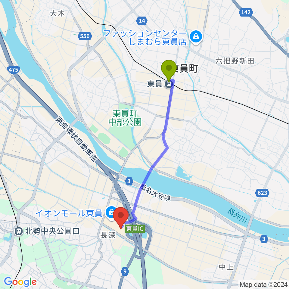 東員駅からイオンシネマ東員へのルートマップ地図