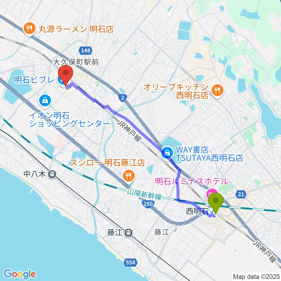 西明石駅からイオンシネマ明石へのルートマップ地図