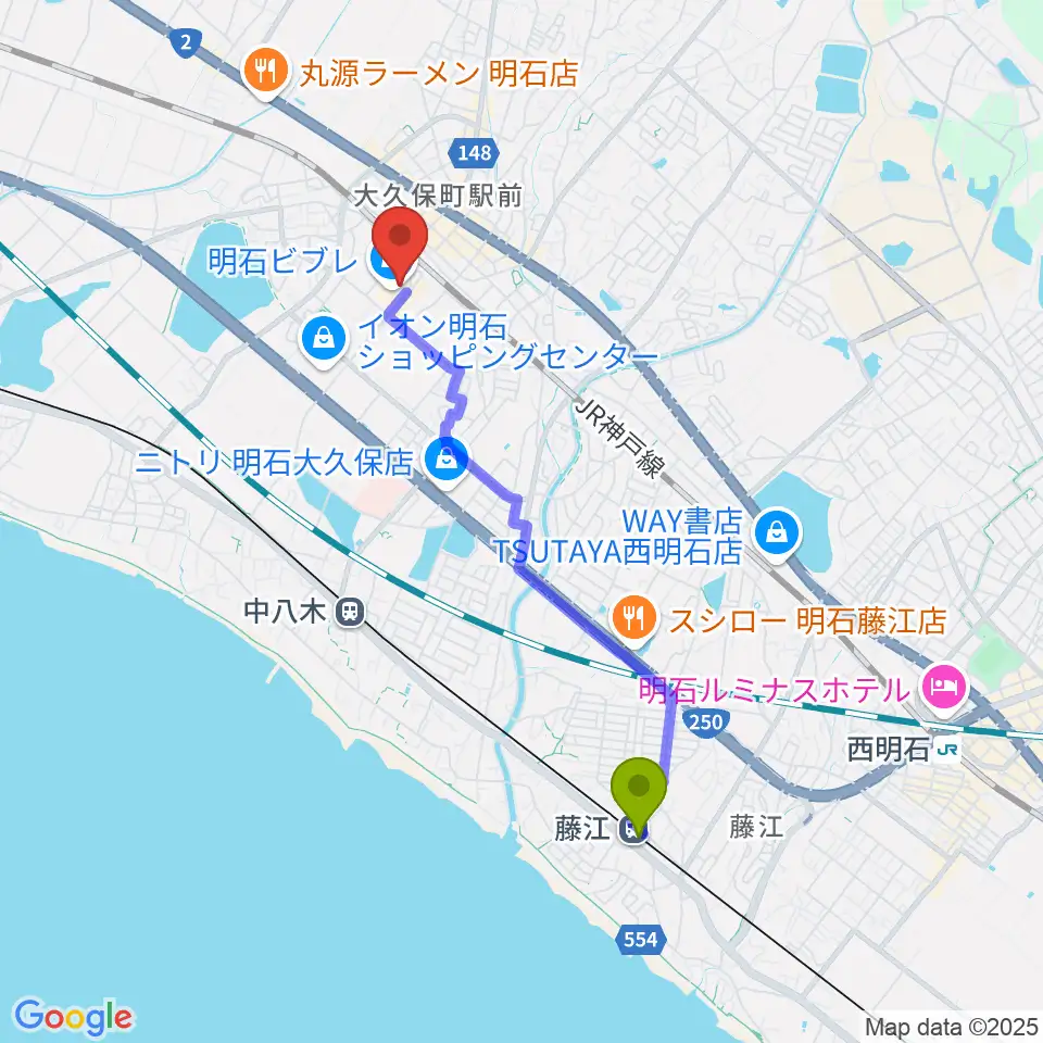 藤江駅からイオンシネマ明石へのルートマップ地図
