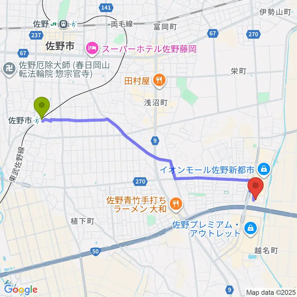 109シネマズ佐野の最寄駅佐野市駅からの徒歩ルート（約47分）地図