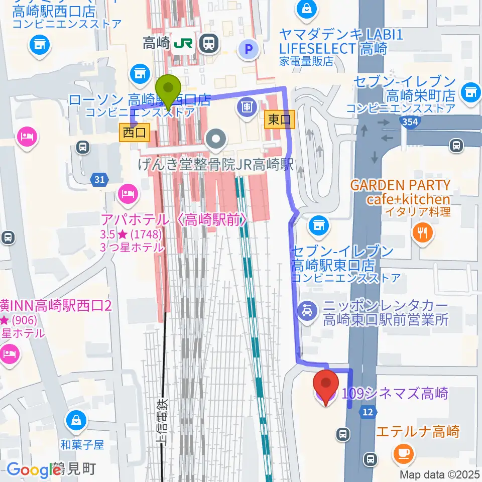 109シネマズ高崎の最寄駅高崎駅からの徒歩ルート（約5分）地図