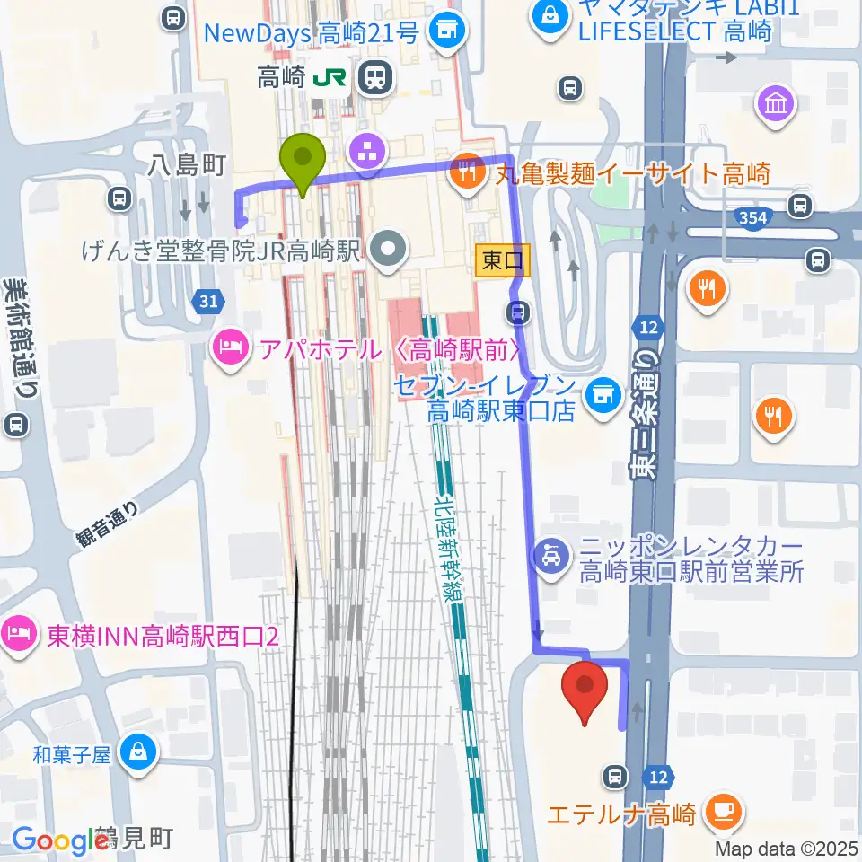 109シネマズ高崎の最寄駅高崎駅からの徒歩ルート（約5分）地図