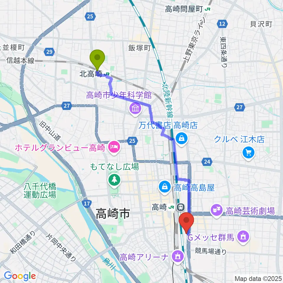 北高崎駅から109シネマズ高崎へのルートマップ地図