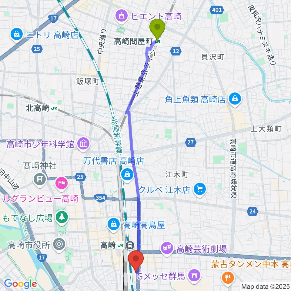 高崎問屋町駅から109シネマズ高崎へのルートマップ地図