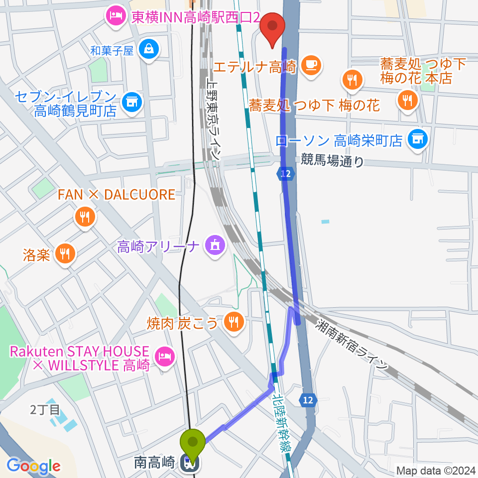 南高崎駅から109シネマズ高崎へのルートマップ地図