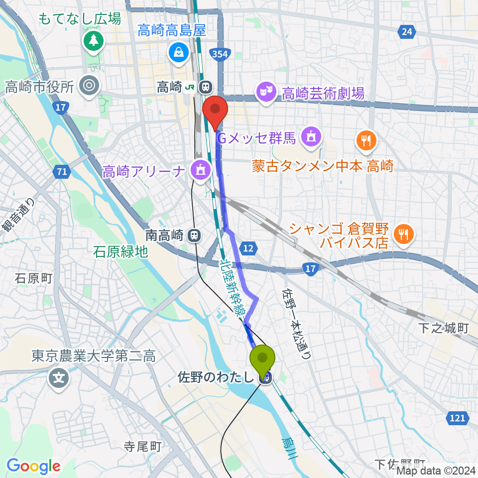 佐野のわたし駅から109シネマズ高崎へのルートマップ地図