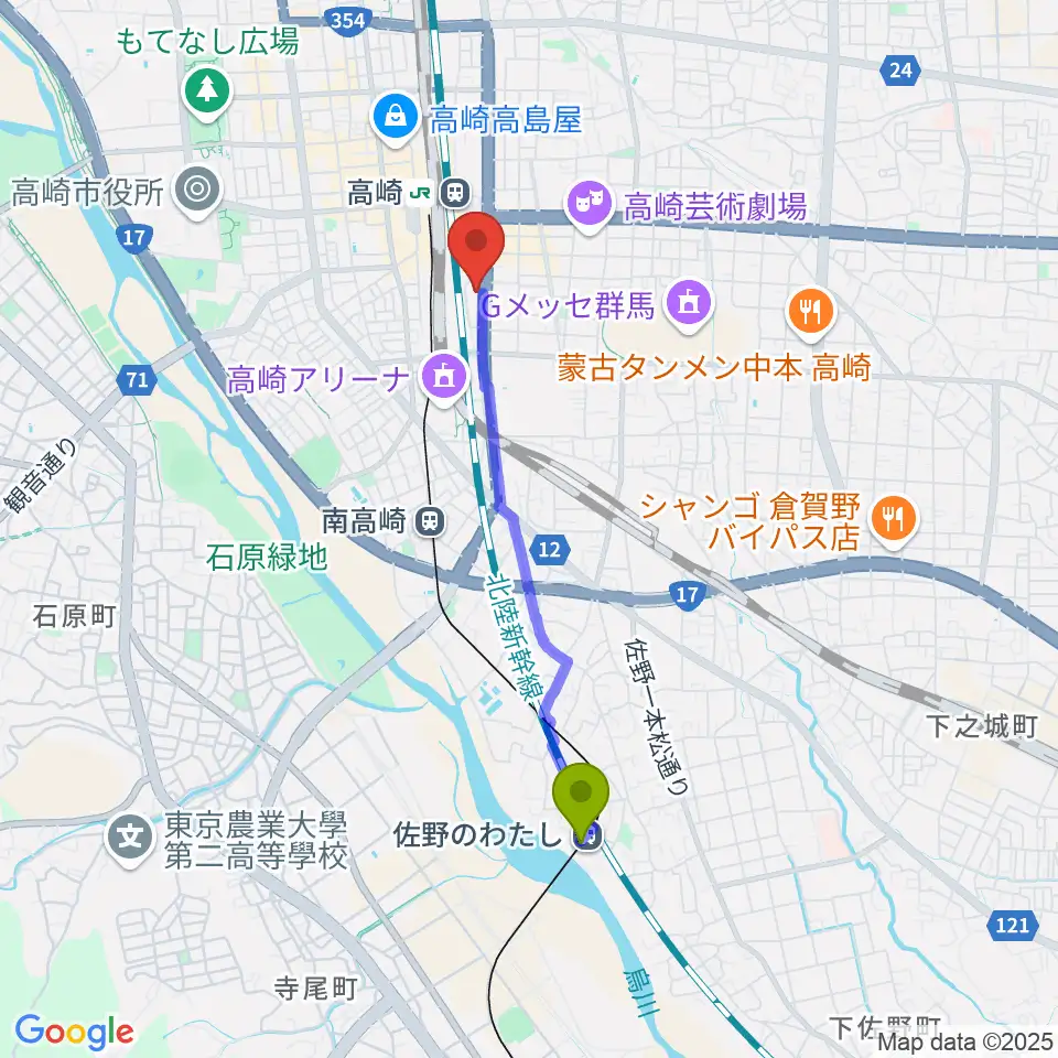 佐野のわたし駅から109シネマズ高崎へのルートマップ地図