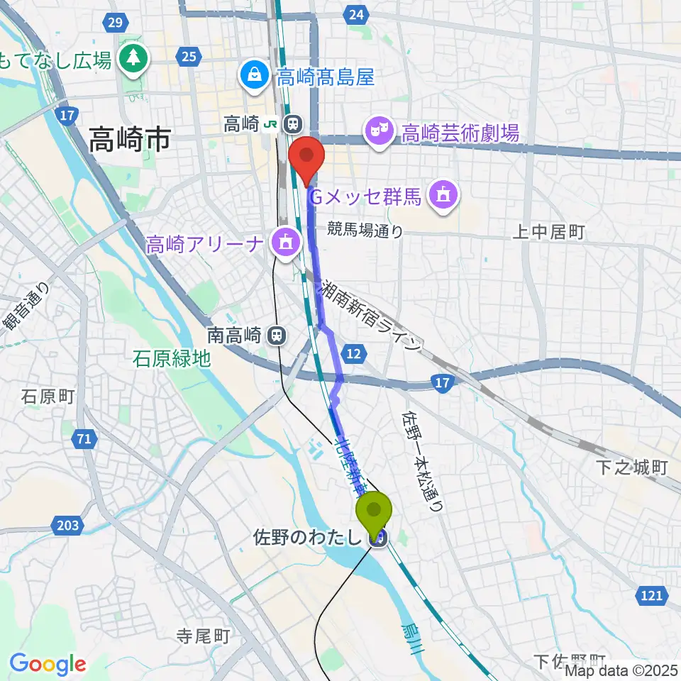 佐野のわたし駅から109シネマズ高崎へのルートマップ地図