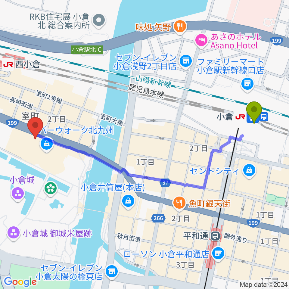 小倉駅からt ジョイ リバーウォーク北九州へのルートマップ Mdata