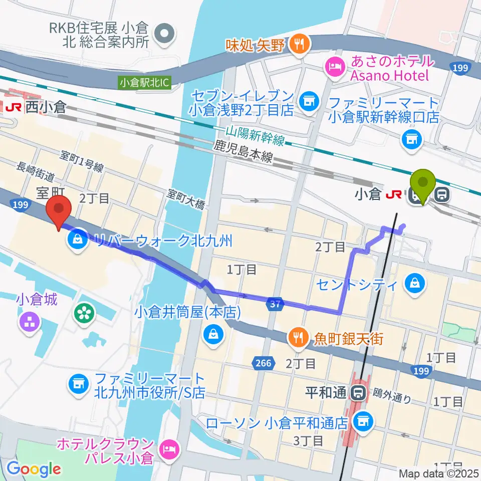 小倉駅からT・ジョイ リバーウォーク北九州へのルートマップ地図