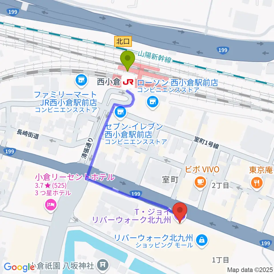 T・ジョイ リバーウォーク北九州の最寄駅西小倉駅からの徒歩ルート（約5分）地図