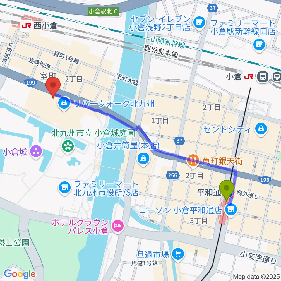 平和通駅からT・ジョイ リバーウォーク北九州へのルートマップ地図