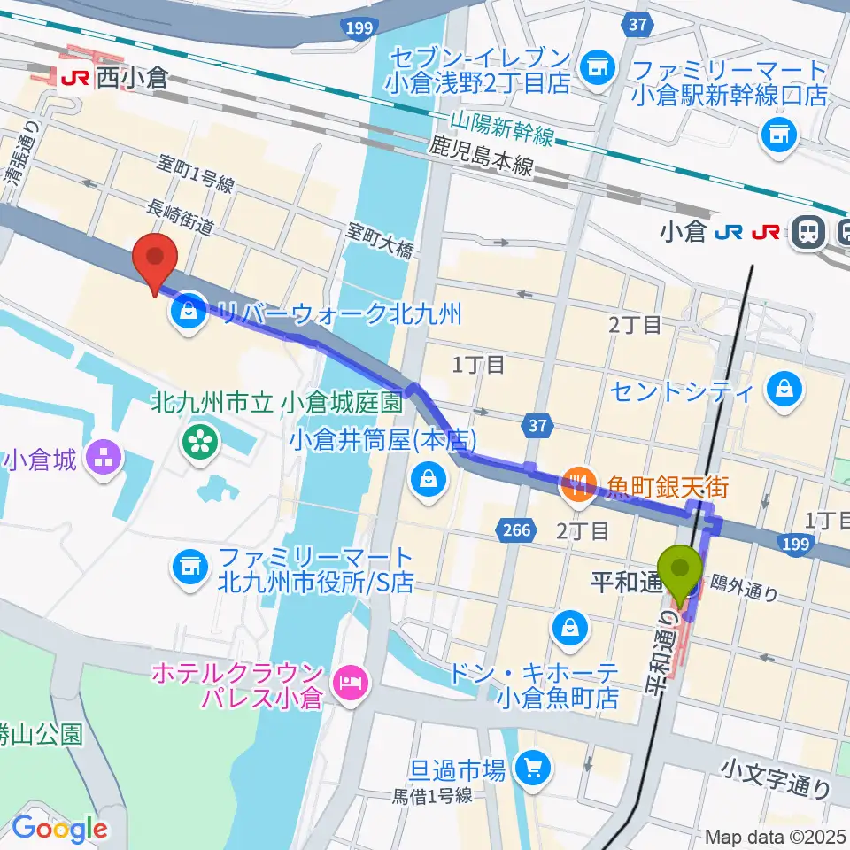 平和通駅からT・ジョイ リバーウォーク北九州へのルートマップ地図