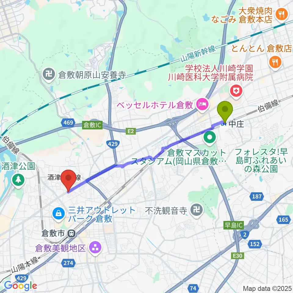 中庄駅から中川楽器へのルートマップ地図