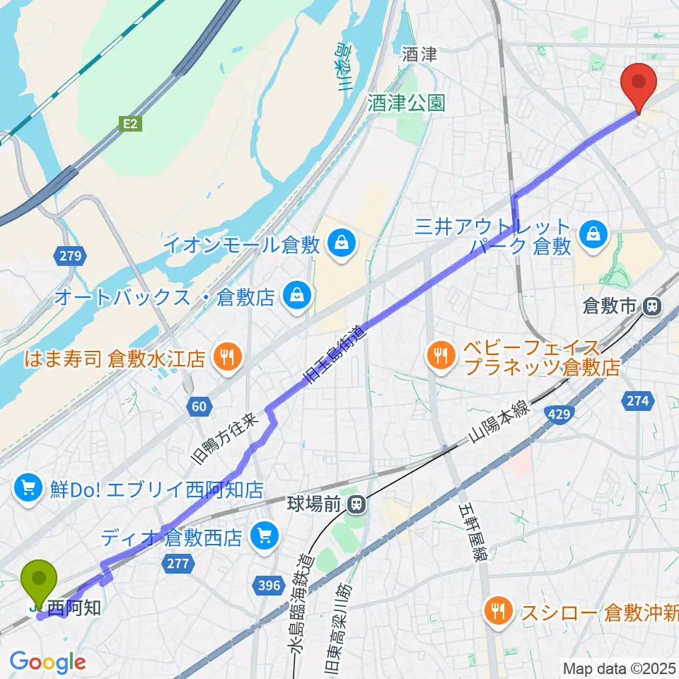西阿知駅から中川楽器へのルートマップ地図