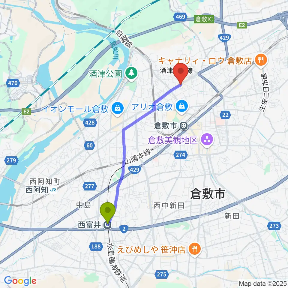 西富井駅から中川楽器へのルートマップ地図