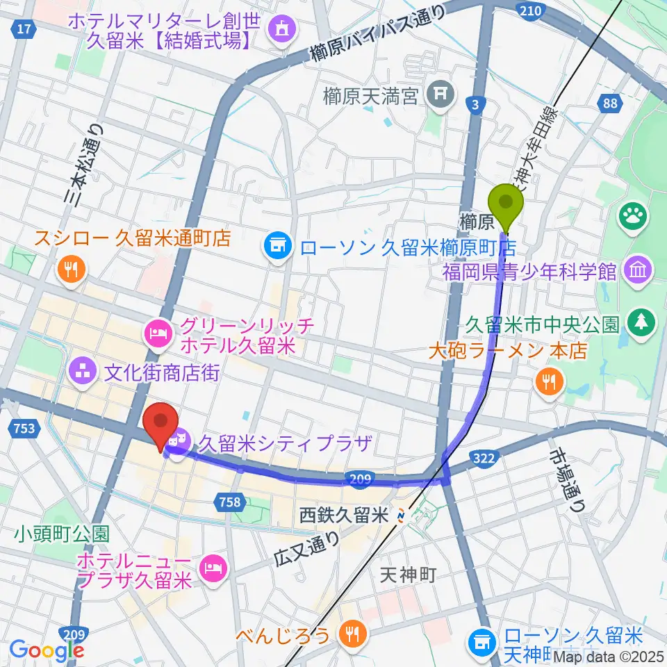 櫛原駅から小川楽器 久留米シティプラザ店へのルートマップ地図