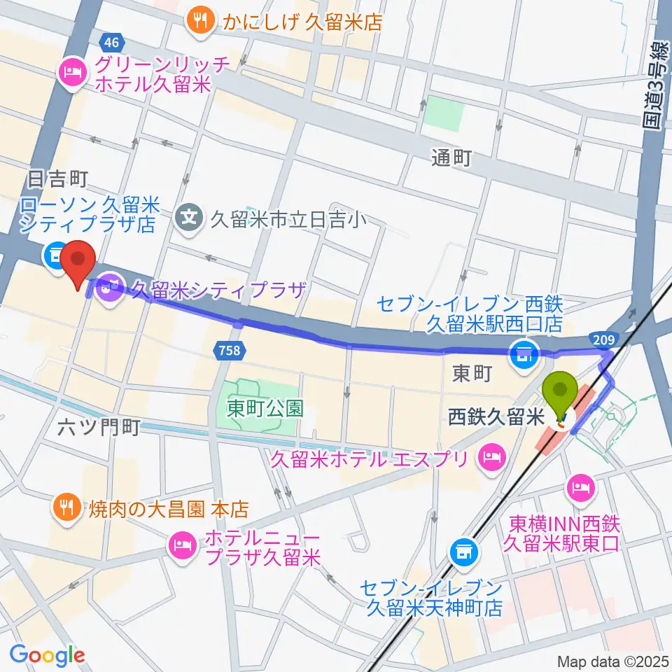 小川楽器 久留米シティプラザ店の最寄駅西鉄久留米駅からの徒歩ルート（約12分）地図