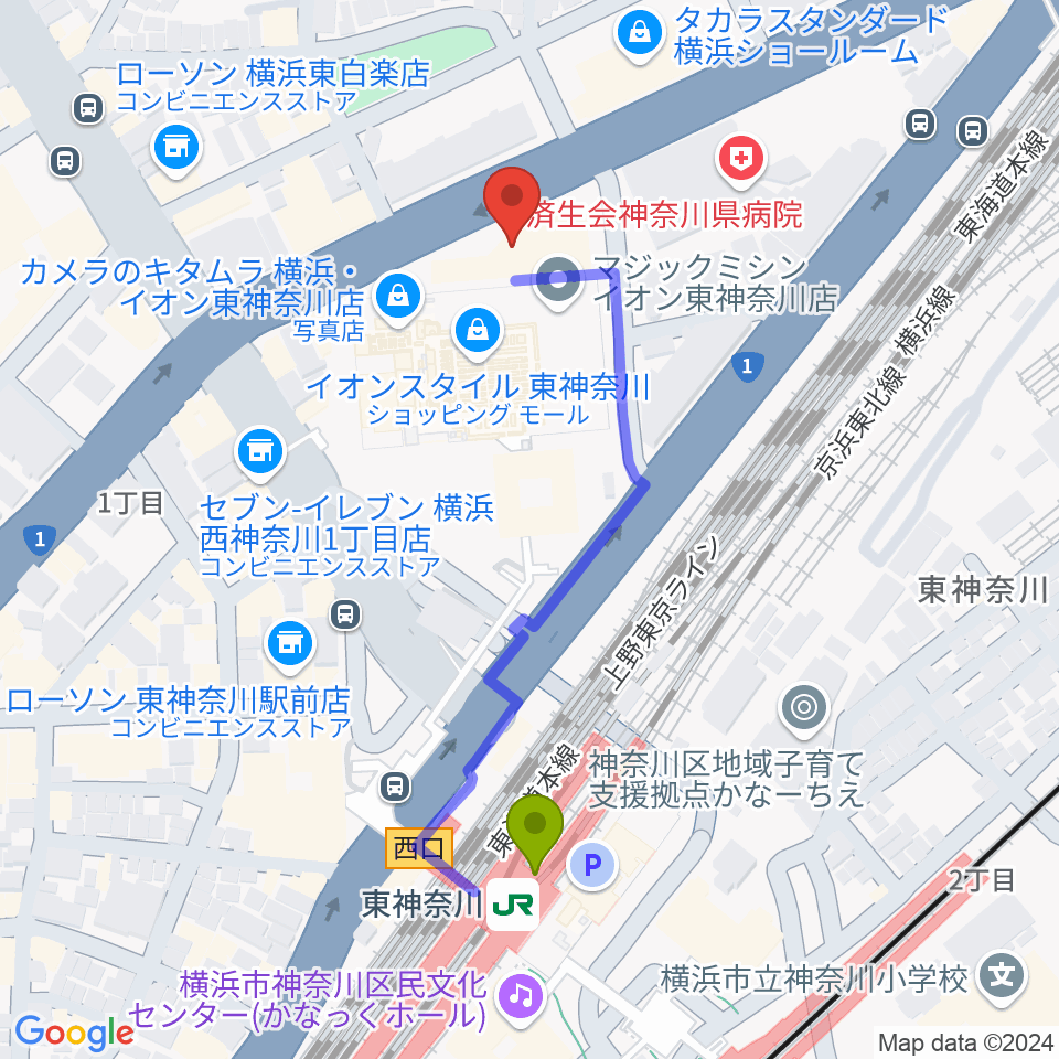 横浜市神奈川公会堂の最寄駅東神奈川駅からの徒歩ルート（約5分）地図