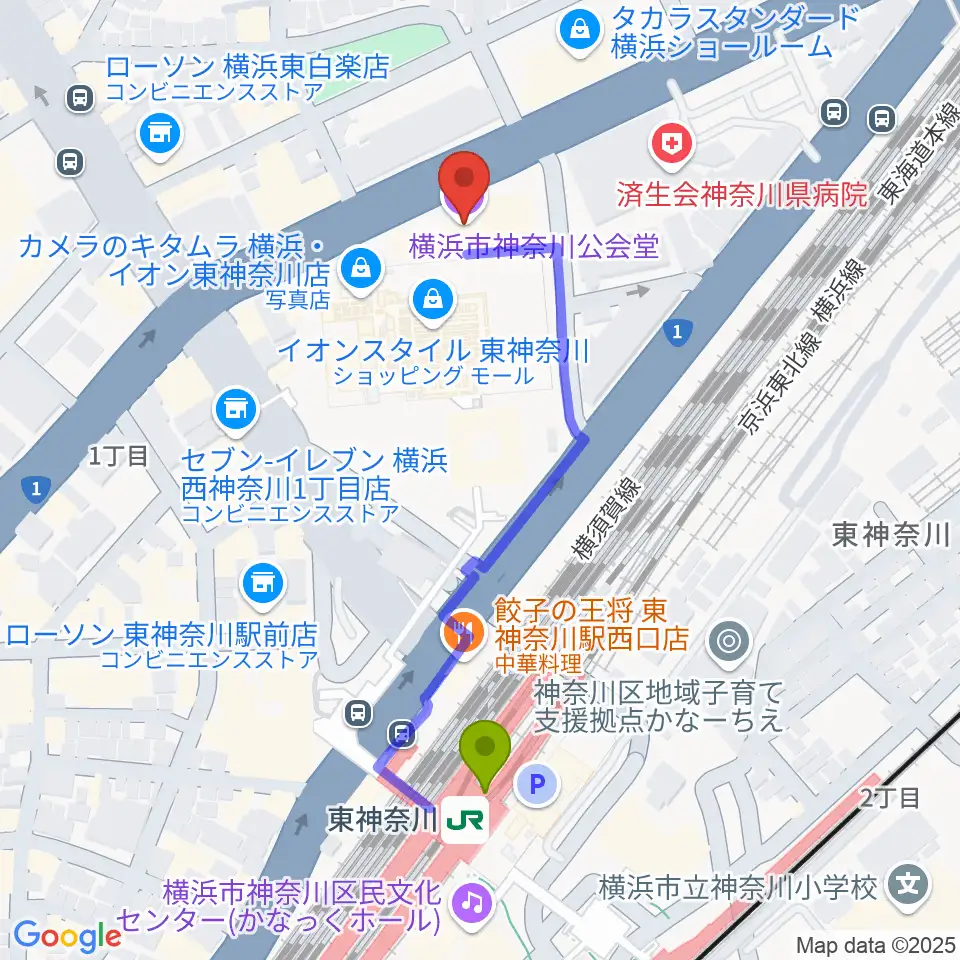 横浜市神奈川公会堂の最寄駅東神奈川駅からの徒歩ルート（約5分）地図