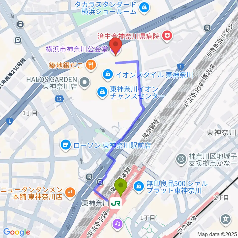 横浜市神奈川公会堂の最寄駅東神奈川駅からの徒歩ルート（約5分）地図