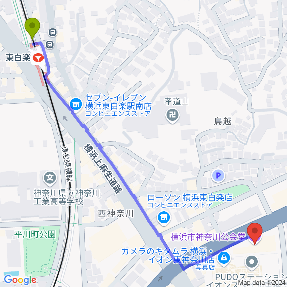 東白楽駅から横浜市神奈川公会堂へのルートマップ地図