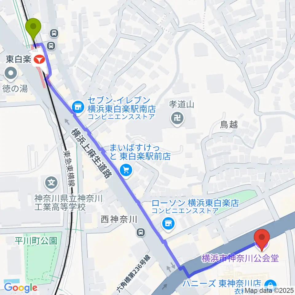 東白楽駅から横浜市神奈川公会堂へのルートマップ地図