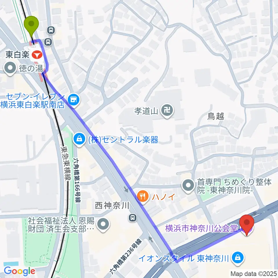 東白楽駅から横浜市神奈川公会堂へのルートマップ地図