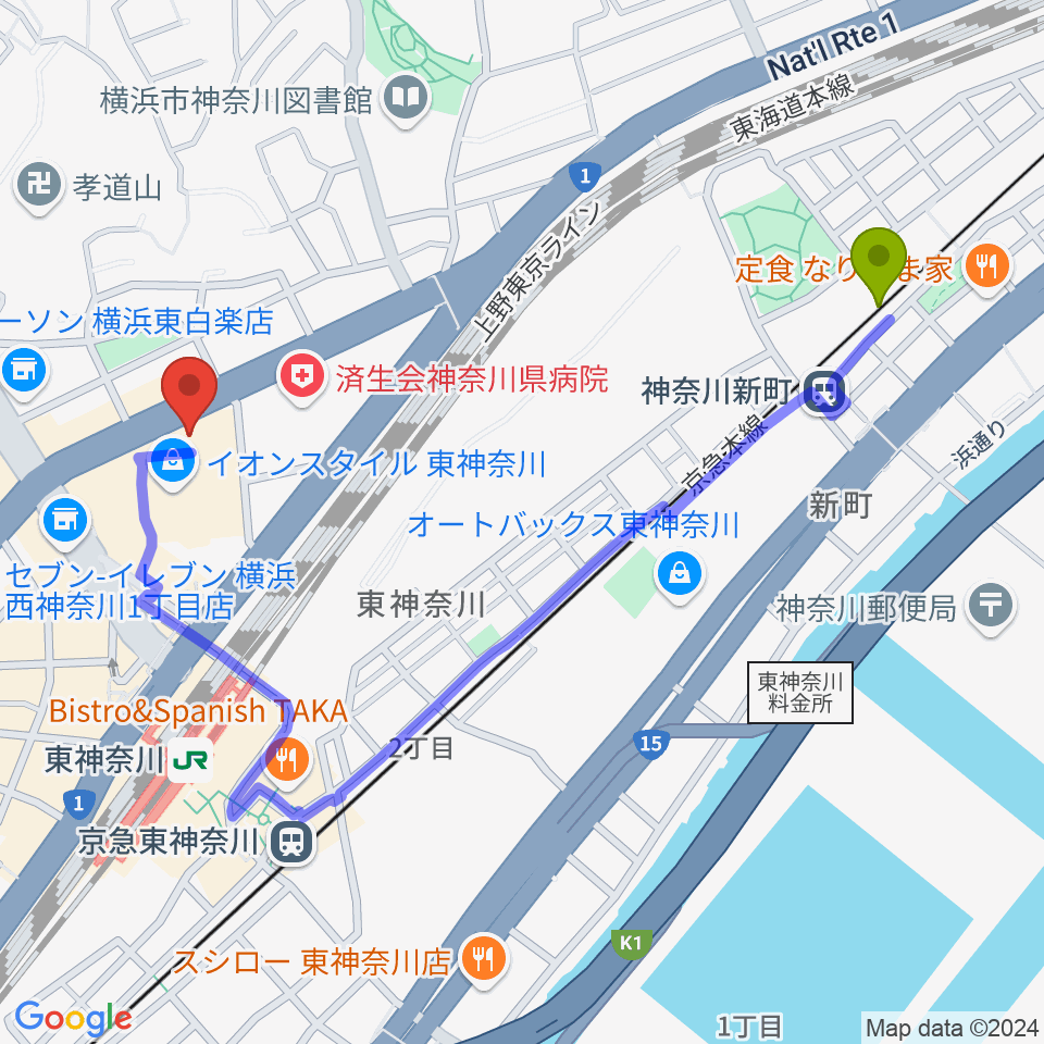 神奈川新町駅から横浜市神奈川公会堂へのルートマップ地図