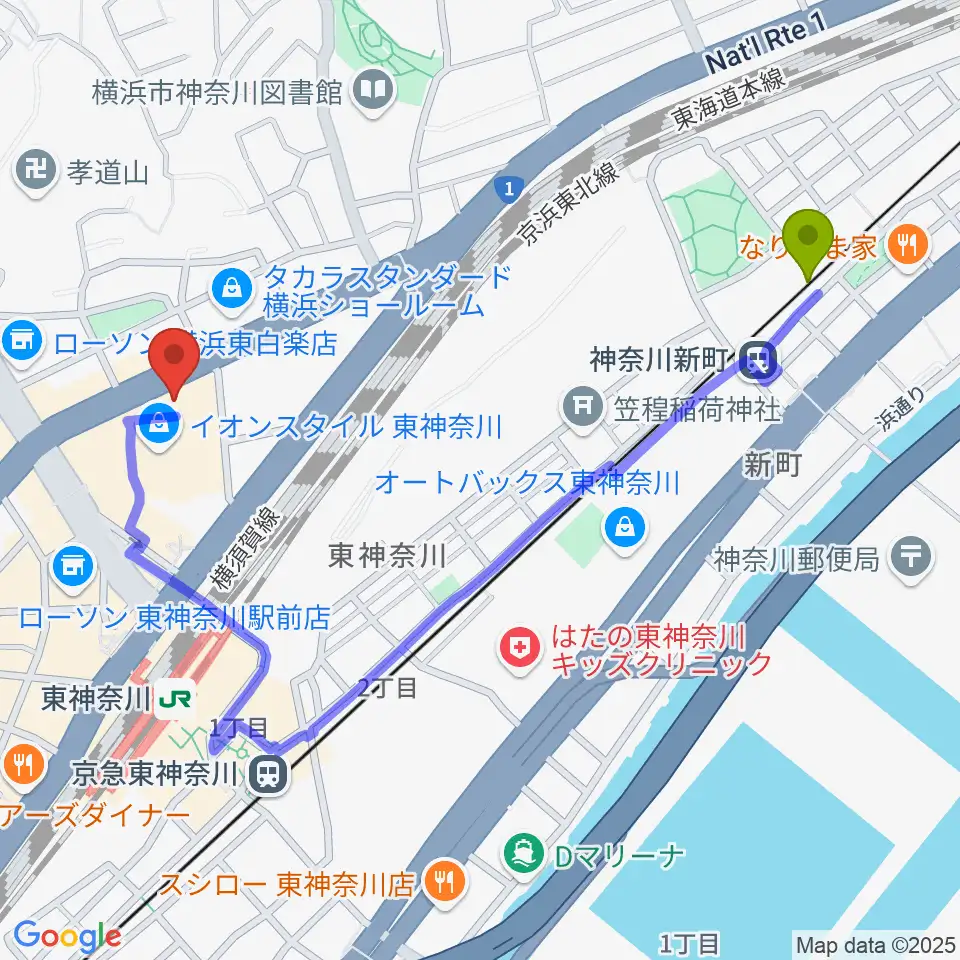 神奈川新町駅から横浜市神奈川公会堂へのルートマップ地図