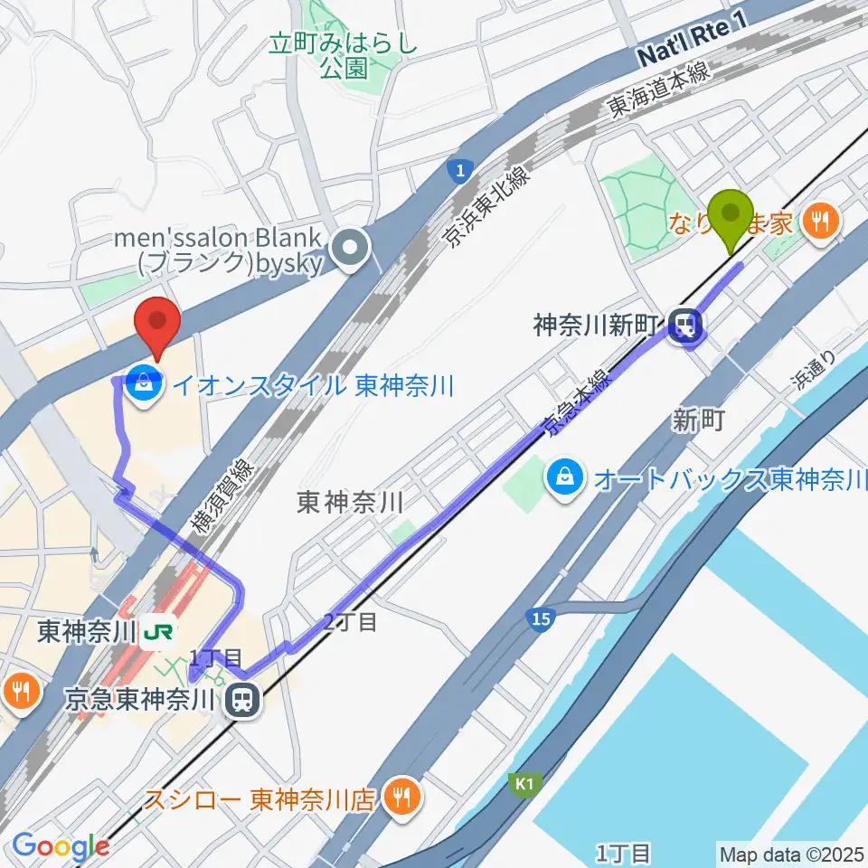 神奈川新町駅から横浜市神奈川公会堂へのルートマップ地図