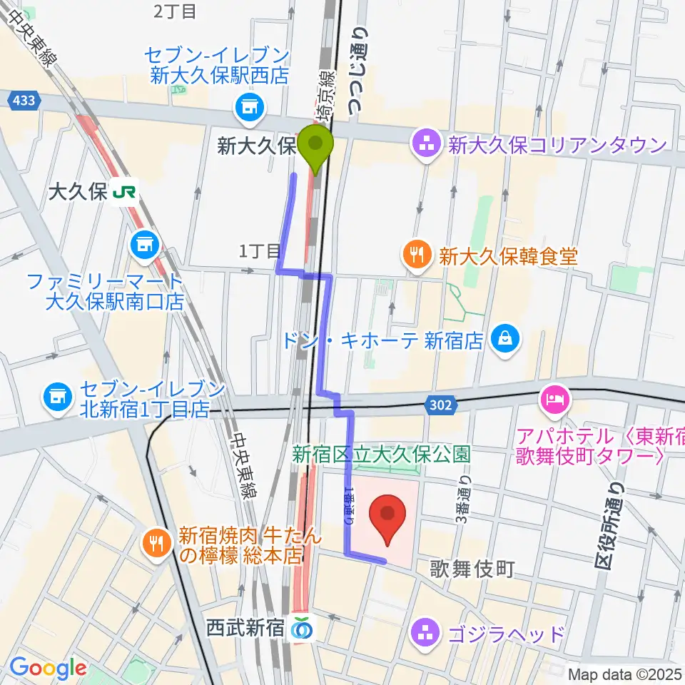 新大久保駅からちんだみ三線店 新宿店へのルートマップ地図