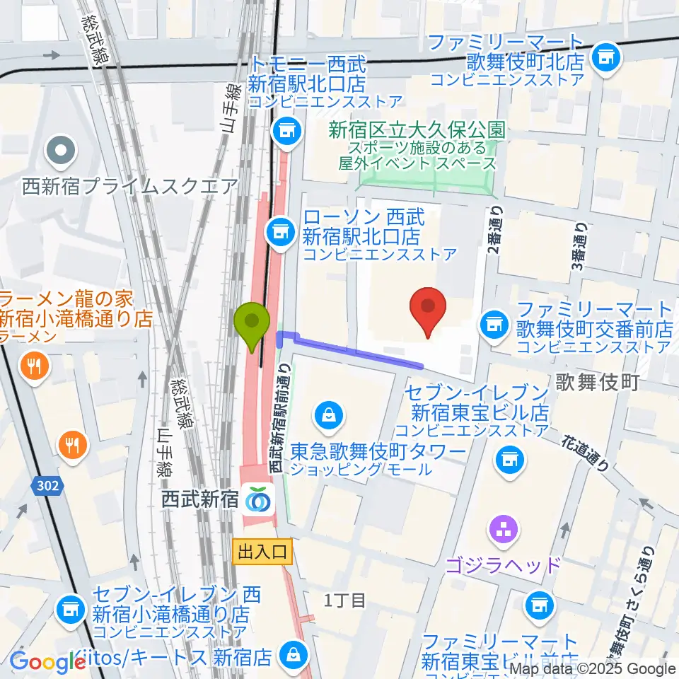 ちんだみ三線店 新宿店の最寄駅西武新宿駅からの徒歩ルート（約2分）地図