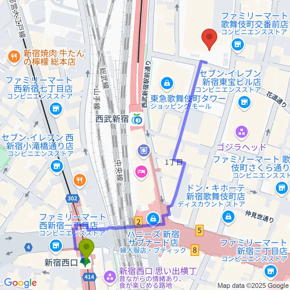 新宿西口駅からちんだみ三線店 新宿店へのルートマップ地図