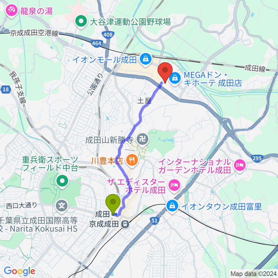 成田HUMAXシネマズの最寄駅成田駅からの徒歩ルート（約32分）地図