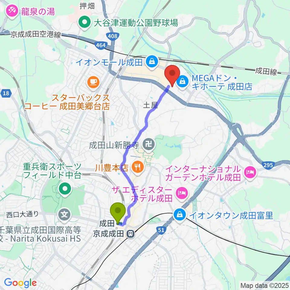 成田HUMAXシネマズの最寄駅成田駅からの徒歩ルート（約32分）地図