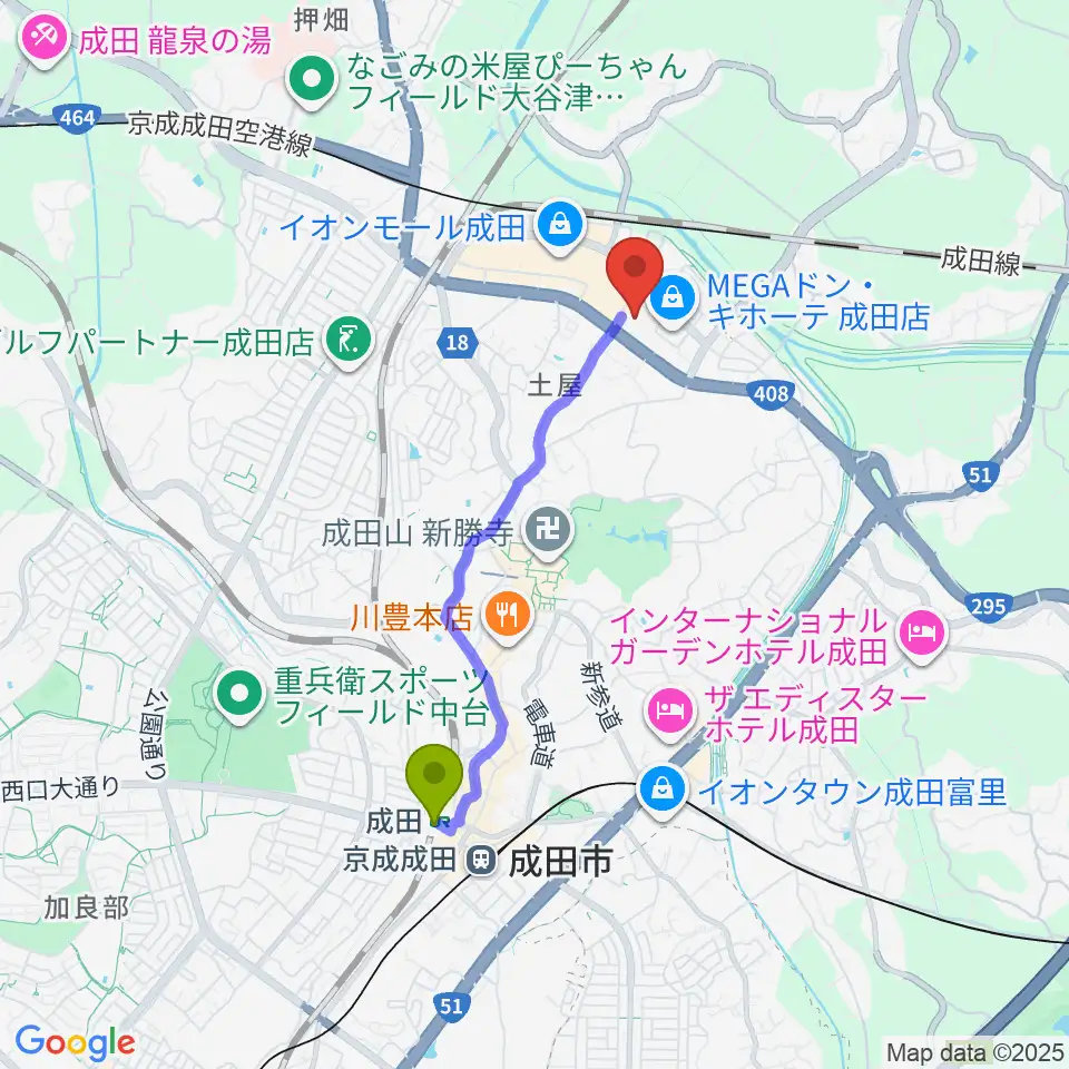 成田HUMAXシネマズの最寄駅成田駅からの徒歩ルート（約32分）地図