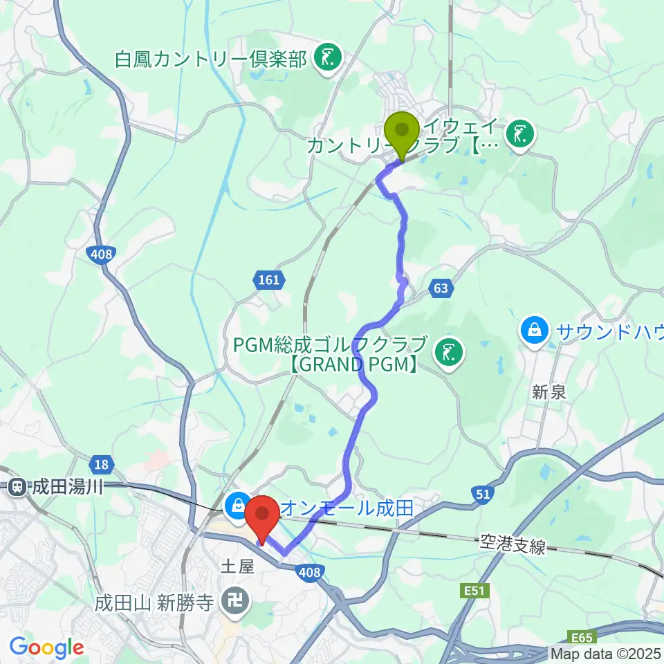 久住駅から成田HUMAXシネマズへのルートマップ地図