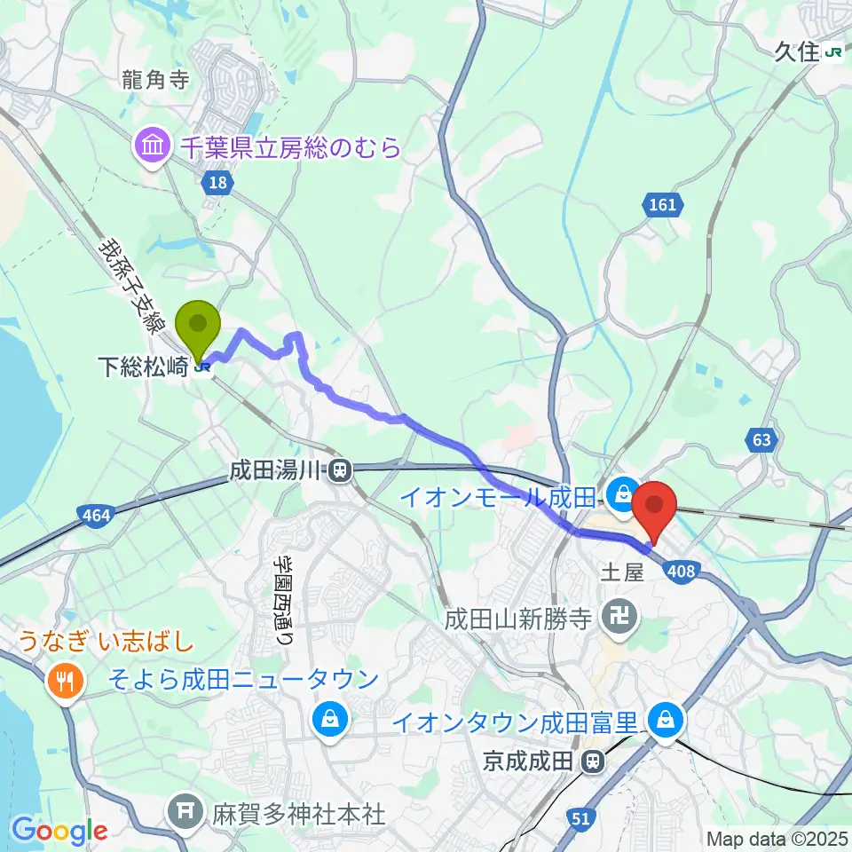 下総松崎駅から成田HUMAXシネマズへのルートマップ地図