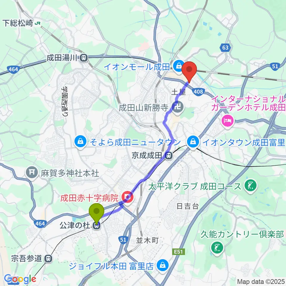 公津の杜駅から成田HUMAXシネマズへのルートマップ地図