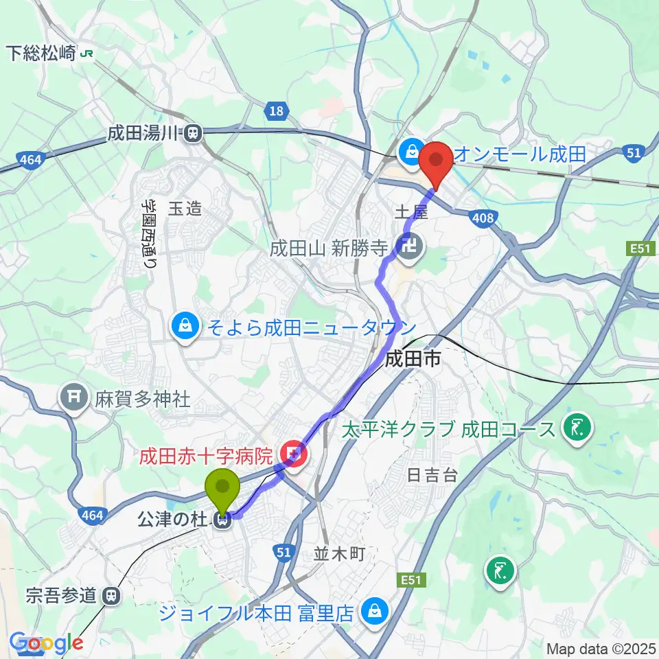 公津の杜駅から成田HUMAXシネマズへのルートマップ地図