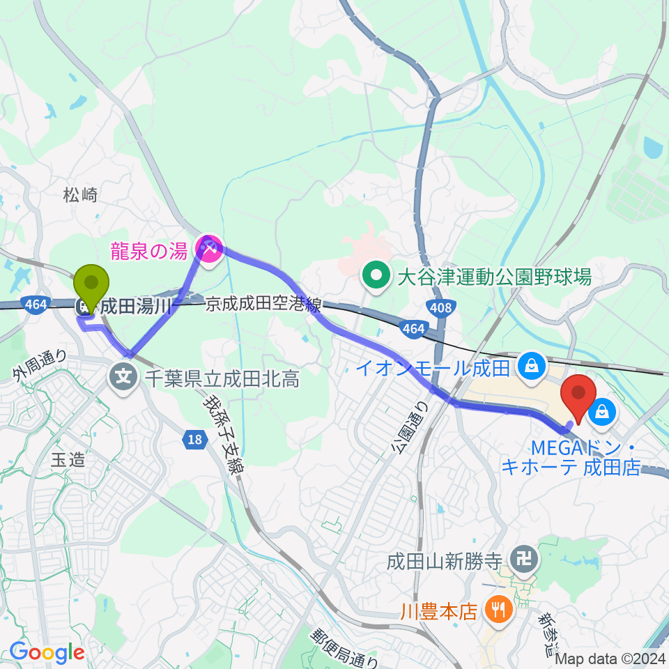 成田湯川駅から成田HUMAXシネマズへのルートマップ地図