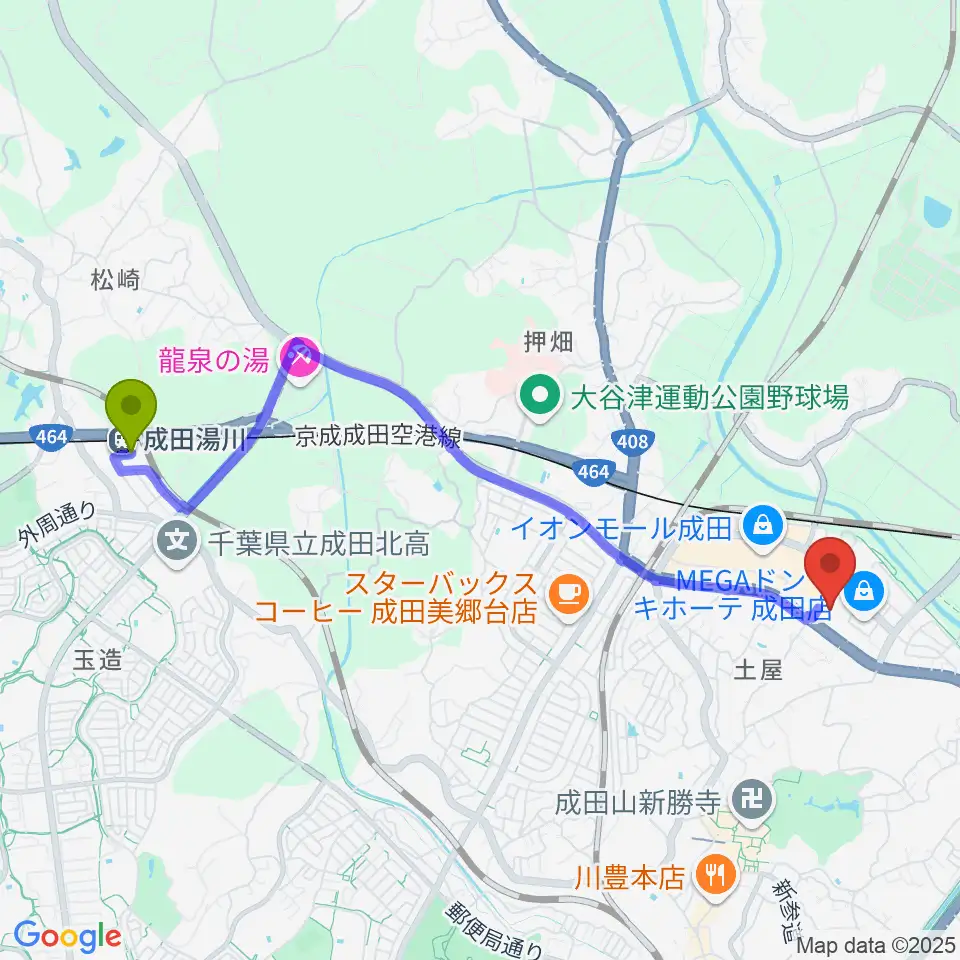 成田湯川駅から成田HUMAXシネマズへのルートマップ地図